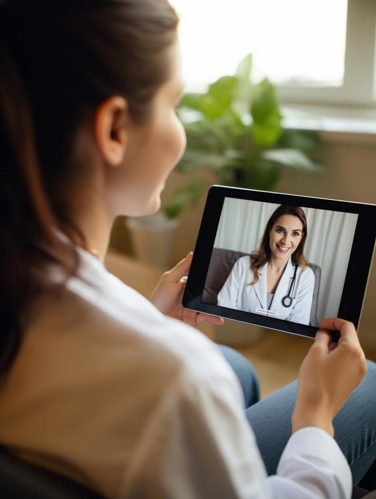 Patient using a tablet to connect with a doctor during a telehealth urgent care consultation
