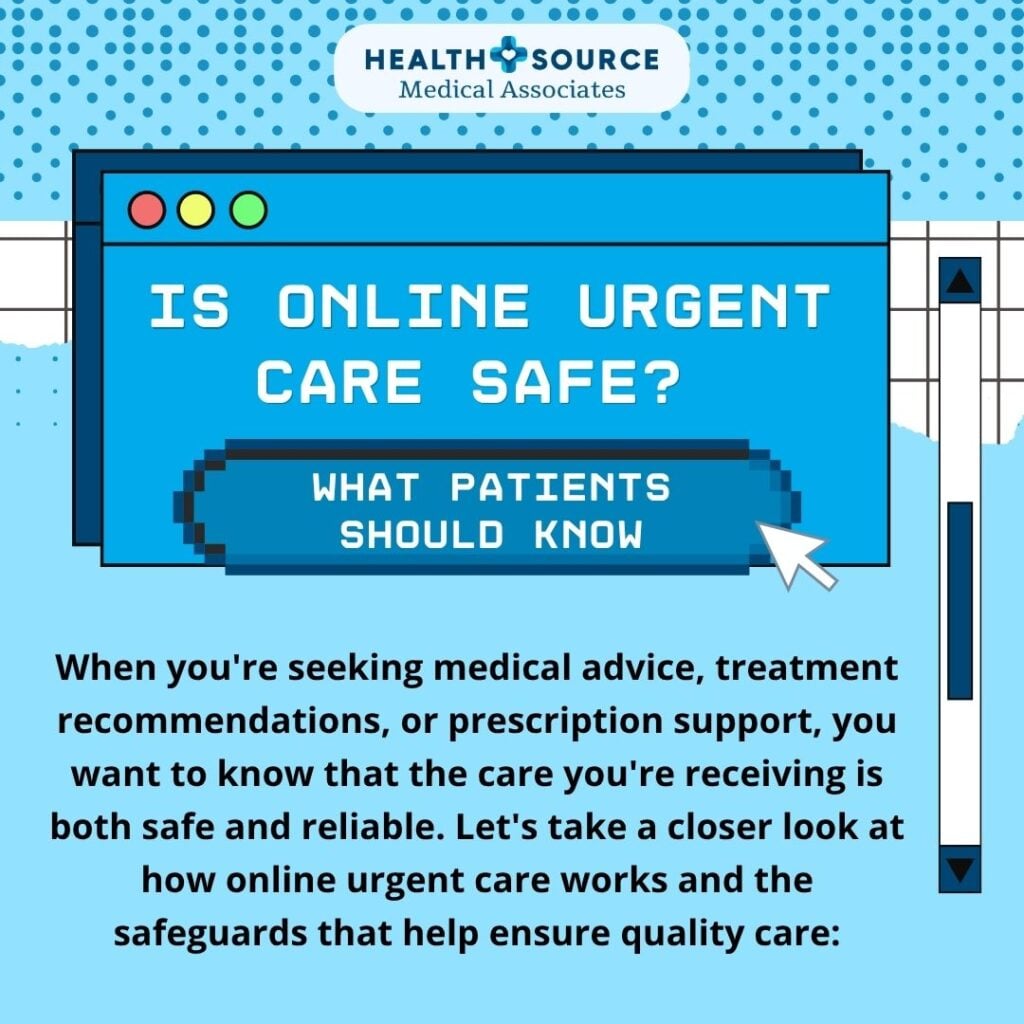 HealthSource Medical Associates infographic asking if online urgent care is safe and explaining what patients should know about safeguards for quality care.