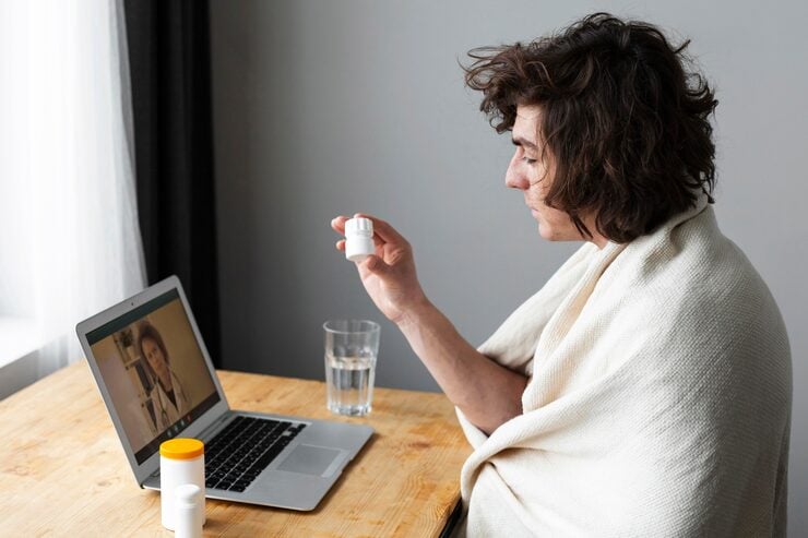 Patient speaking with a doctor during a virtual consultation from home using a laptop.
